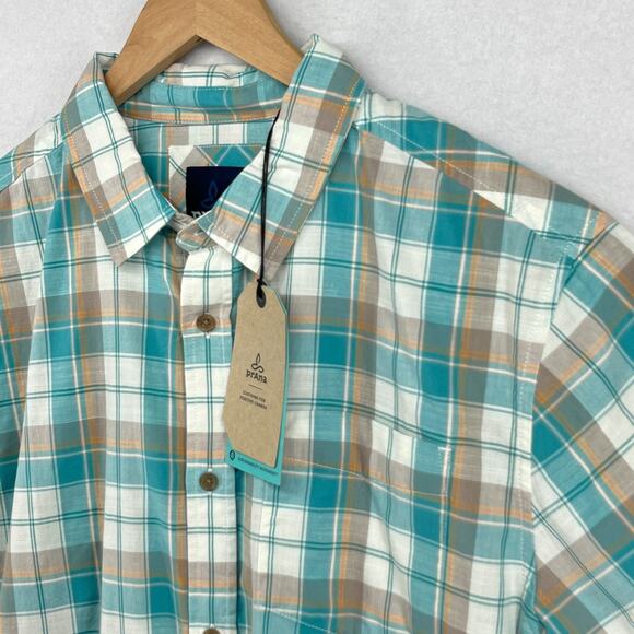 PRANA Shirt Mens L Benton Plaid Button Up Camp Organic Cotton Blend Blue NEW - Picture 7 of 15